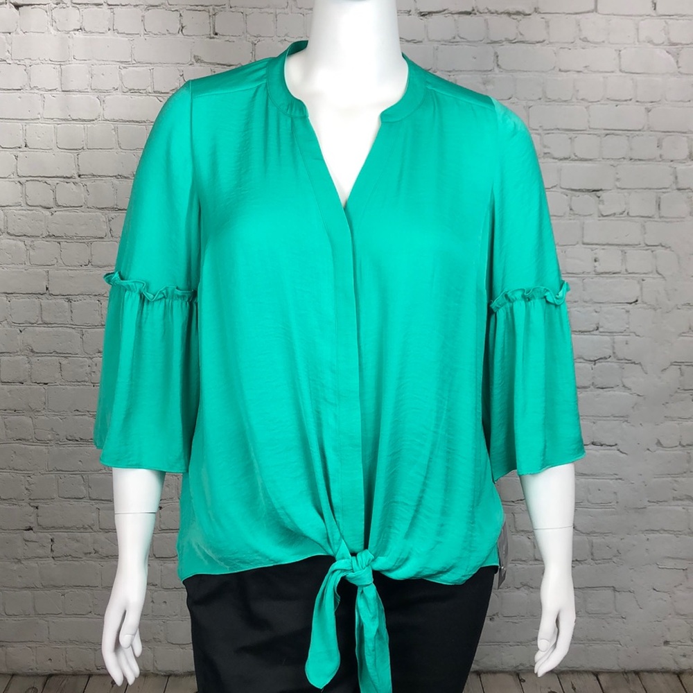 Alfani Silky Green Button Down Tie Front Top - Picture 2 of 7